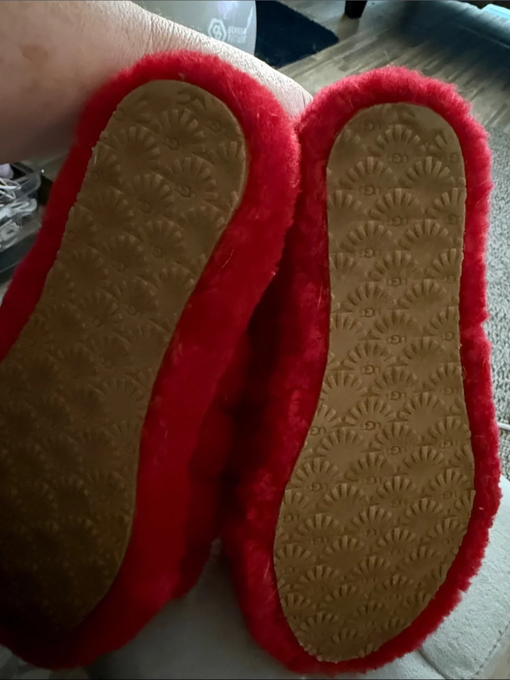 UGG Red Plush Slide Sandals with Logo Heel Strap